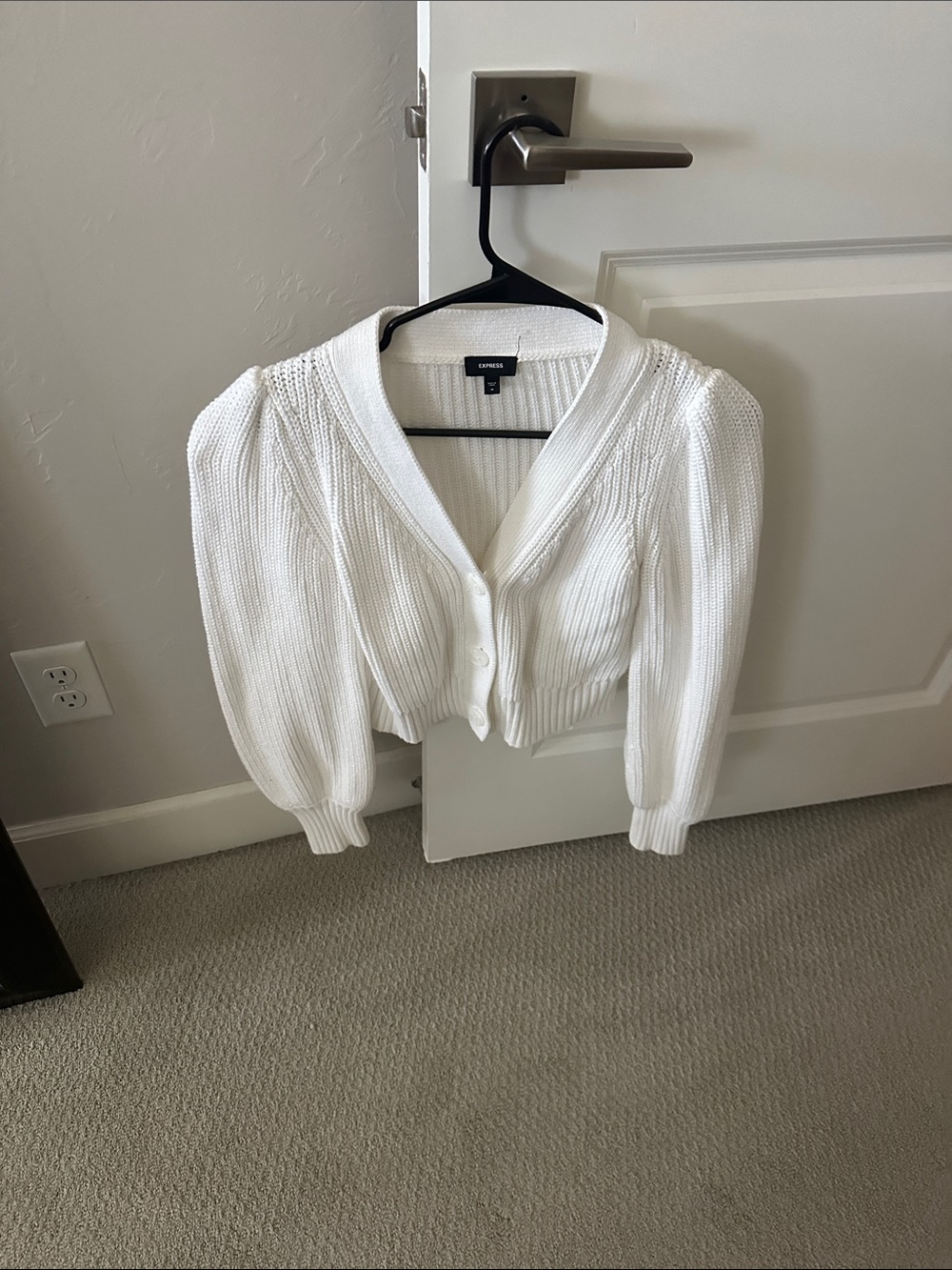 Express White Puff-Sleeve Knit Cardigan